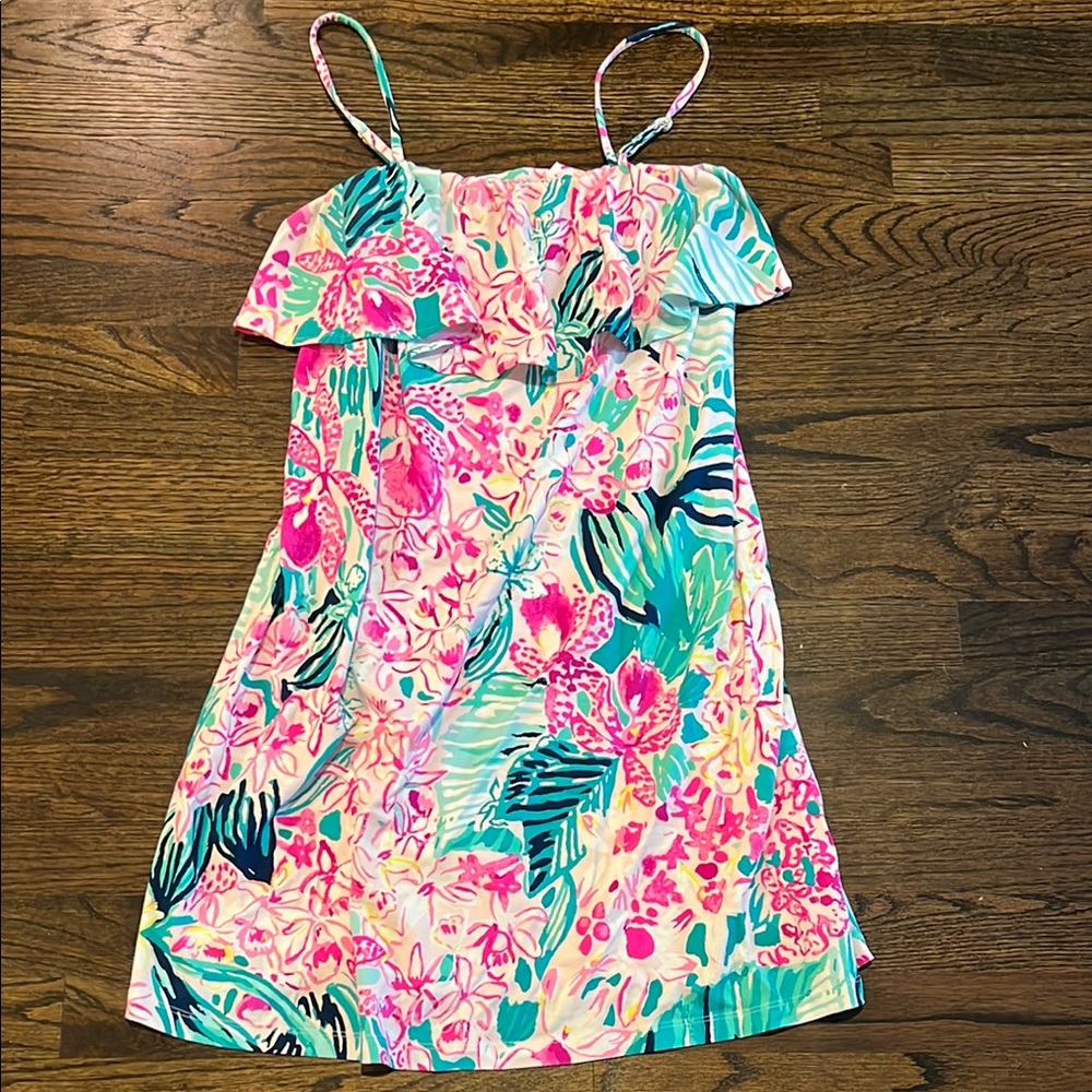 Lilly Pulitzer Pink, Teal & White Floral Ruffle Sundress